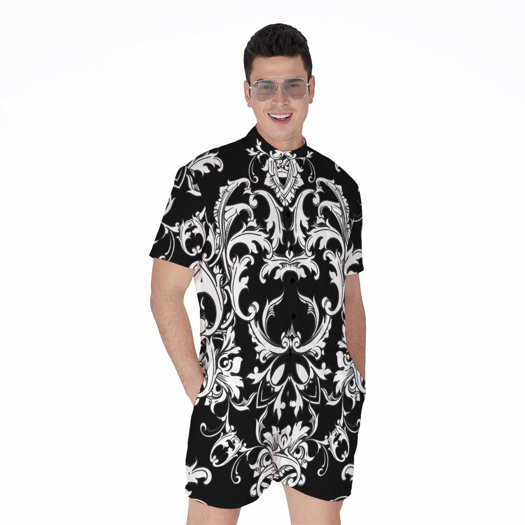 Black And White Damask Pattern Print Men's Rompers