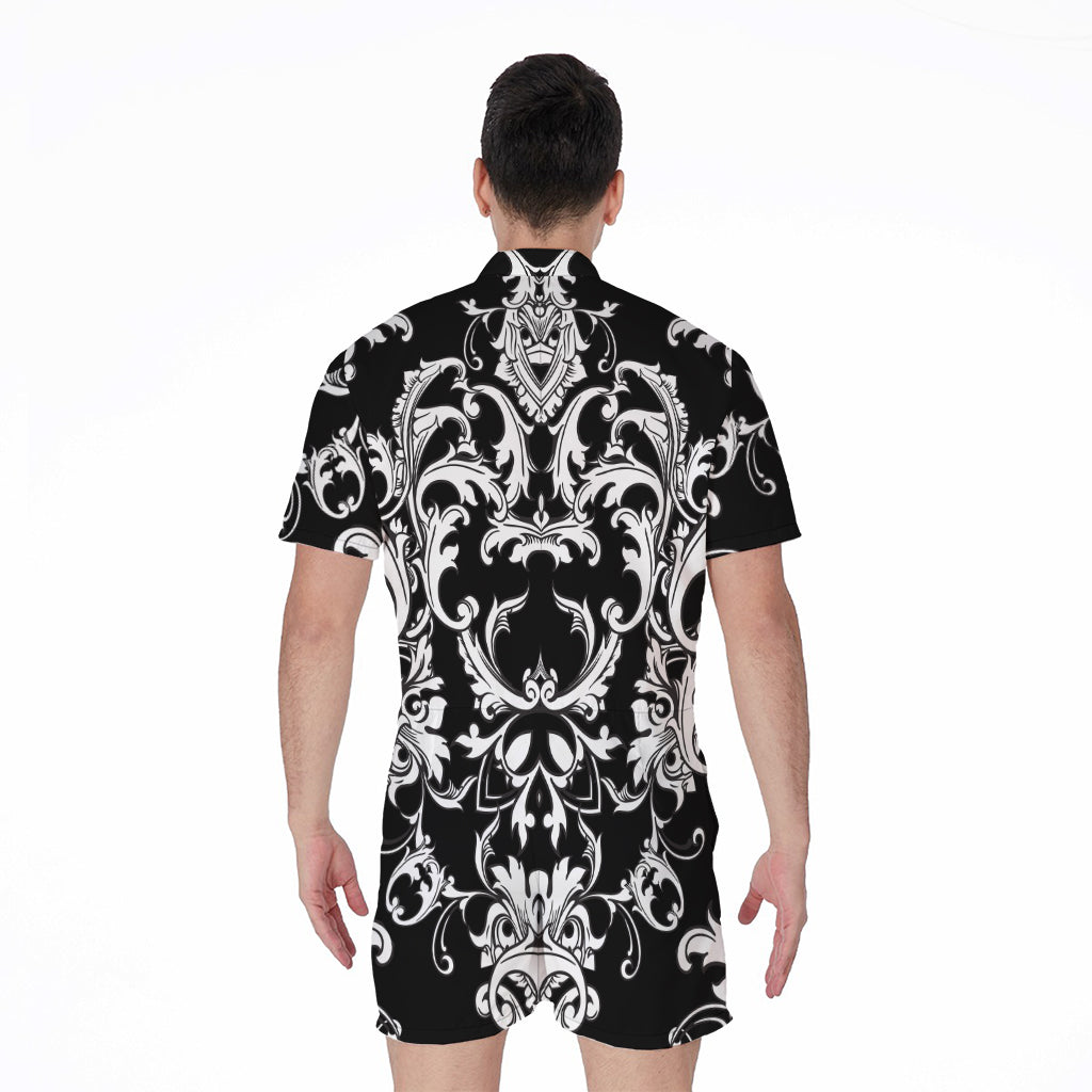 Black And White Damask Pattern Print Men's Rompers