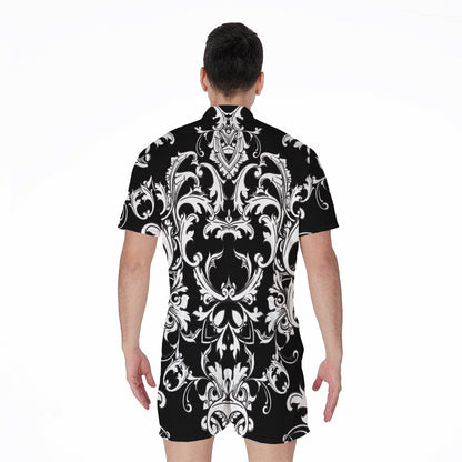 Black And White Damask Pattern Print Men's Rompers