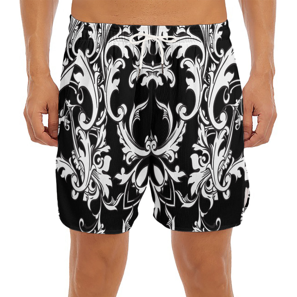 Black And White Damask Pattern Print Men's Split Running Shorts