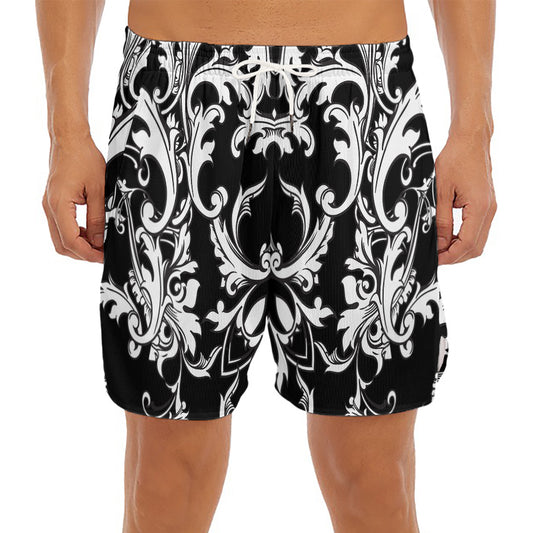 Black And White Damask Pattern Print Men's Split Running Shorts