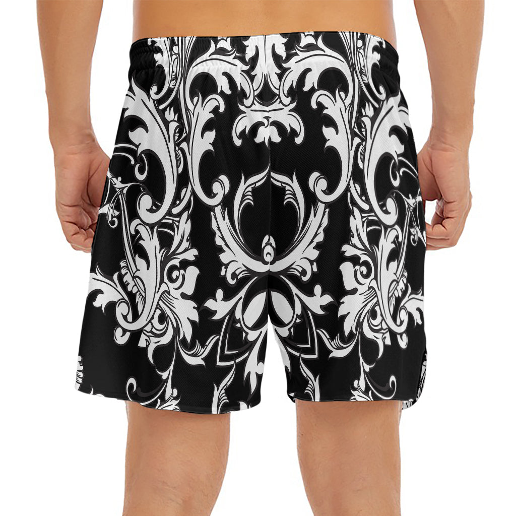 Black And White Damask Pattern Print Men's Split Running Shorts