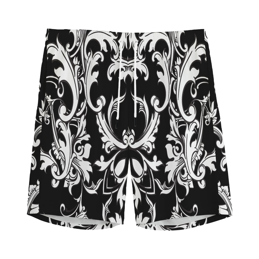 Black And White Damask Pattern Print Men's Sports Shorts