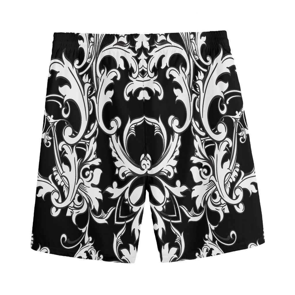 Black And White Damask Pattern Print Men's Sports Shorts