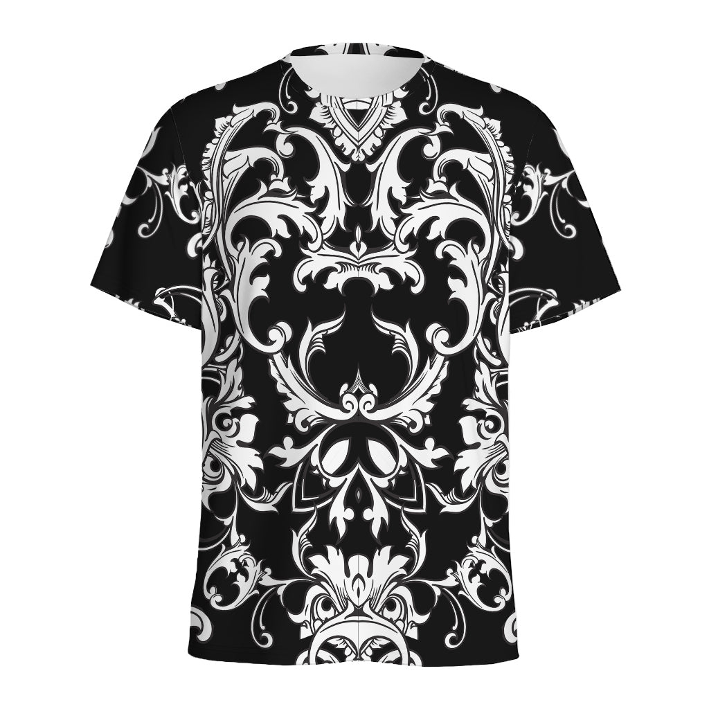 Black And White Damask Pattern Print Men's Sports T-Shirt