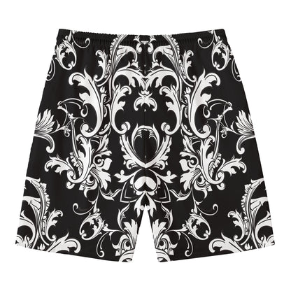 Black And White Damask Pattern Print Men's Swim Trunks