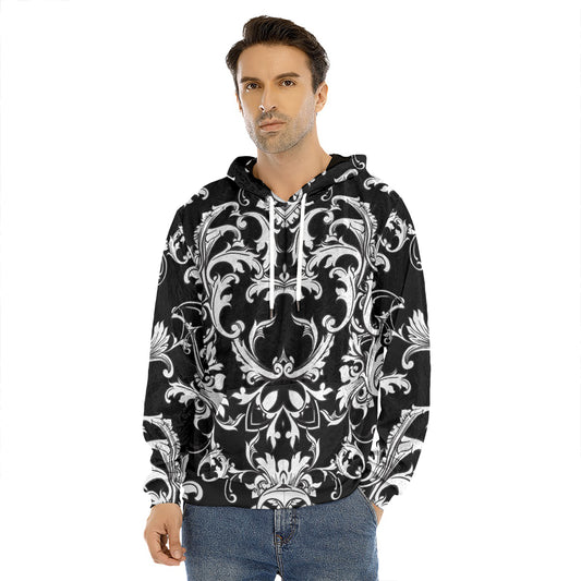Black And White Damask Pattern Print Men's Velvet Pullover Hoodie