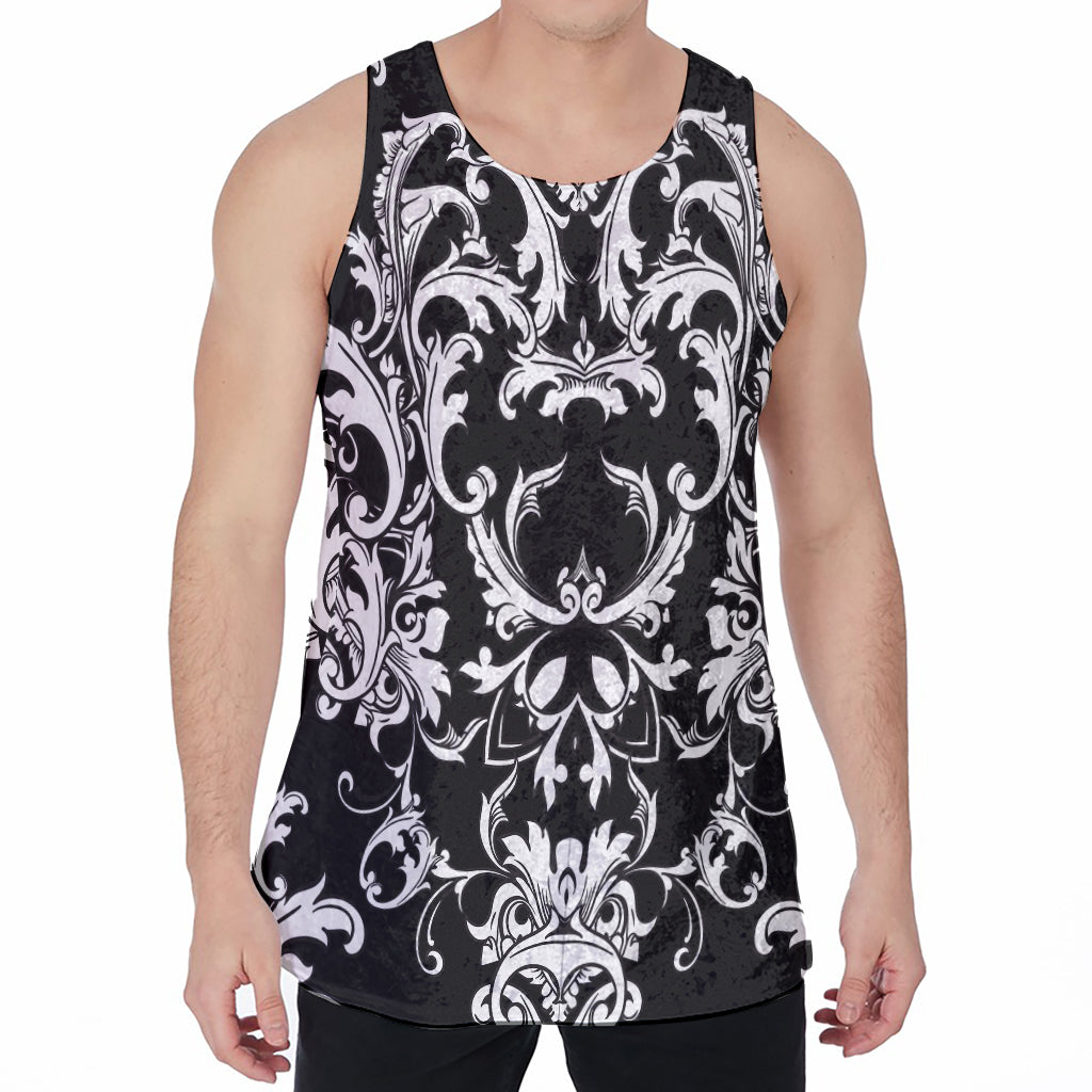 Black And White Damask Pattern Print Men's Velvet Tank Top