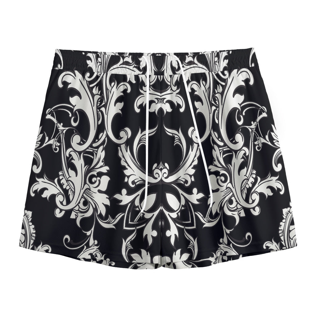 Black And White Damask Pattern Print Mesh Shorts