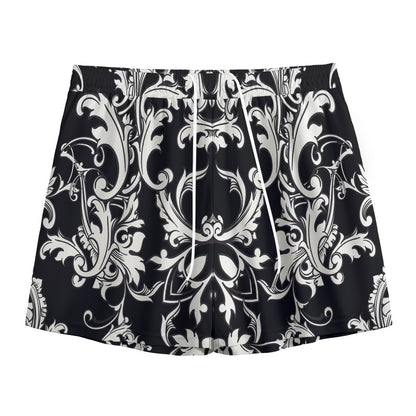 Black And White Damask Pattern Print Mesh Shorts