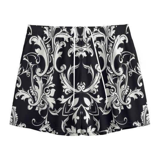 Black And White Damask Pattern Print Mesh Shorts