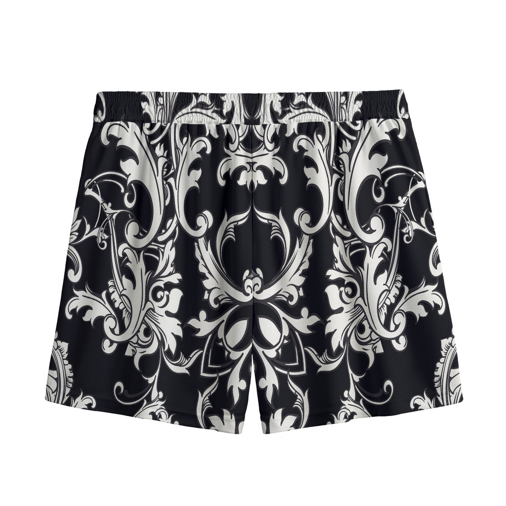 Black And White Damask Pattern Print Mesh Shorts