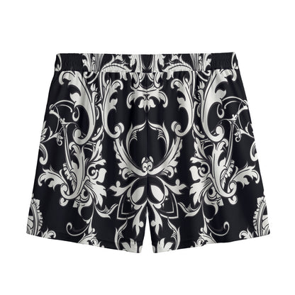 Black And White Damask Pattern Print Mesh Shorts