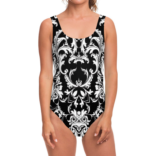 Black And White Damask Pattern Print One Piece Swimsuit