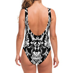 Black And White Damask Pattern Print One Piece Swimsuit