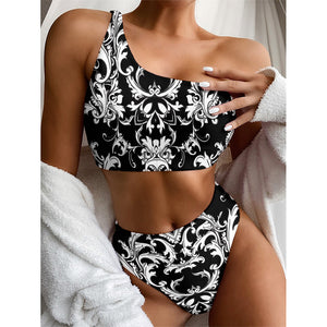 Black And White Damask Pattern Print One Shoulder Bikini Top