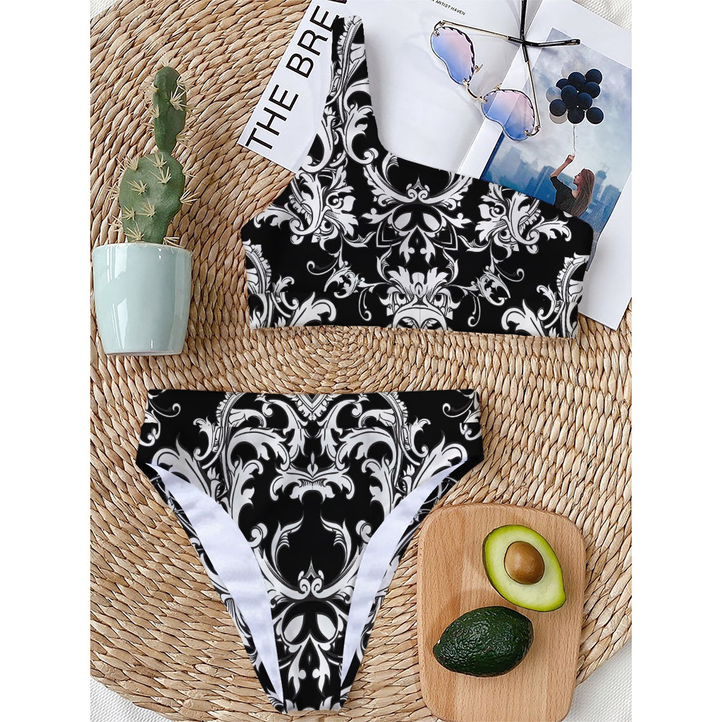 Black And White Damask Pattern Print One Shoulder Bikini Top