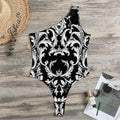 Black And White Damask Pattern Print One Shoulder Bodysuit