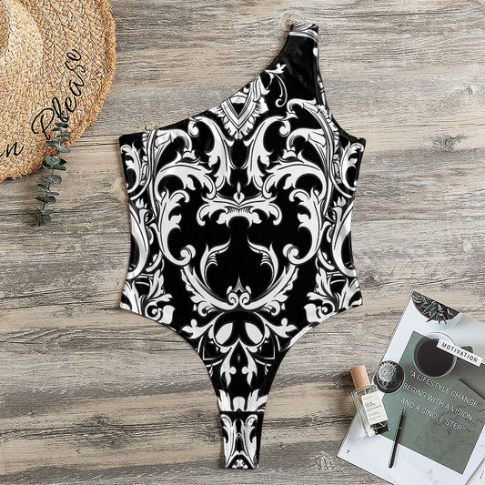 Black And White Damask Pattern Print One Shoulder Bodysuit