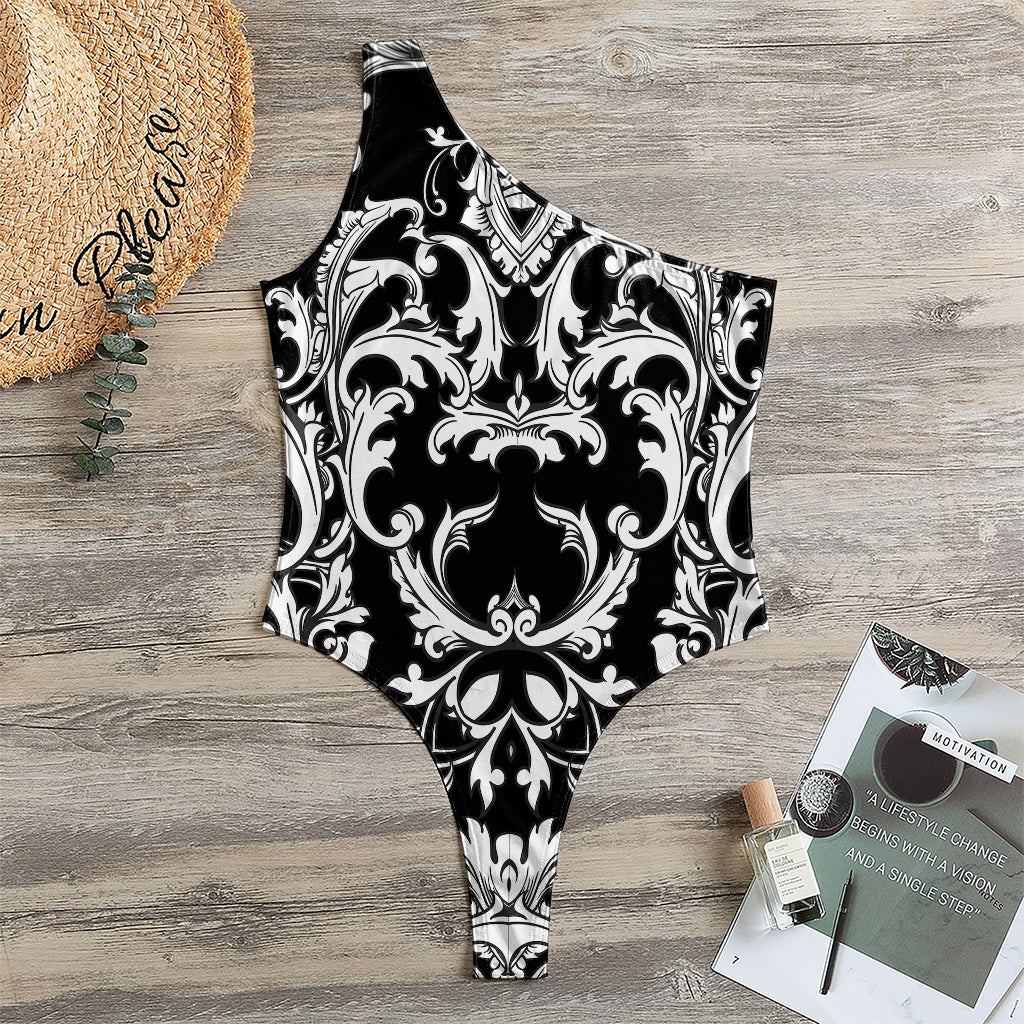 Black And White Damask Pattern Print One Shoulder Bodysuit