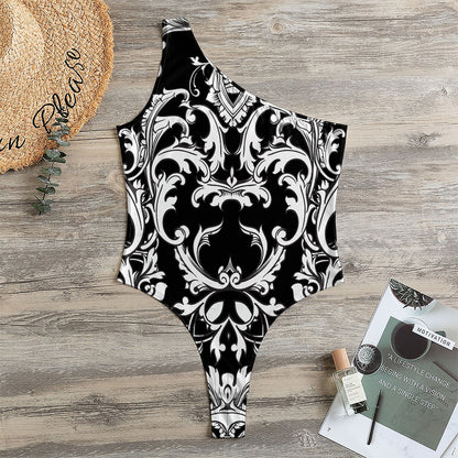 Black And White Damask Pattern Print One Shoulder Bodysuit