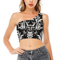Black And White Damask Pattern Print One Shoulder Crop Top