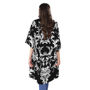 Black And White Damask Pattern Print Open Front Beach Cover Up