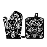 Black And White Damask Pattern Print Oven Mitt And Pot Holder Set