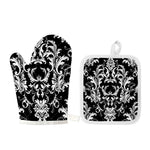 Black And White Damask Pattern Print Oven Mitt And Pot Holder Set