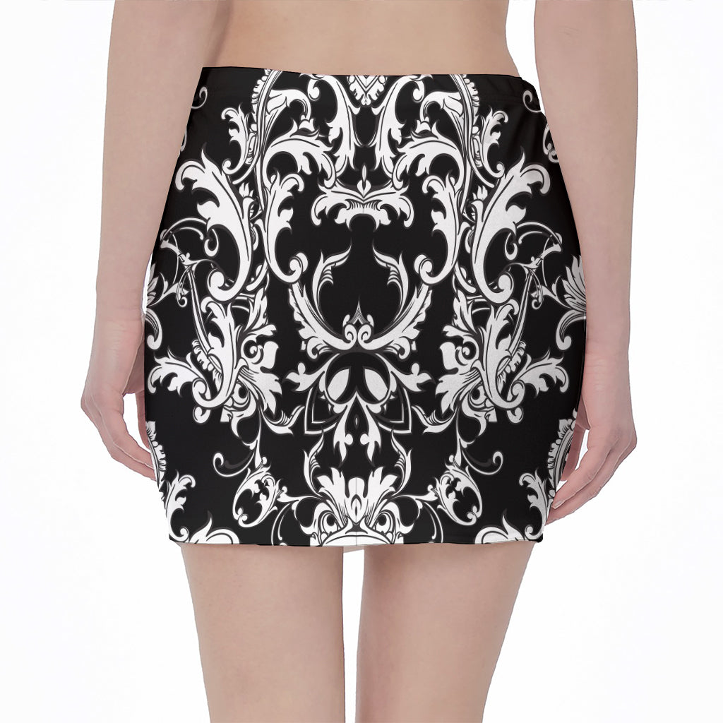 Black And White Damask Pattern Print Pencil Mini Skirt