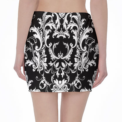 Black And White Damask Pattern Print Pencil Mini Skirt