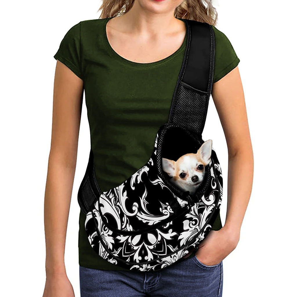 Black And White Damask Pattern Print Pet Sling Carrier