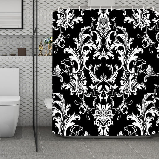 Black And White Damask Pattern Print Polyester Shower Curtain