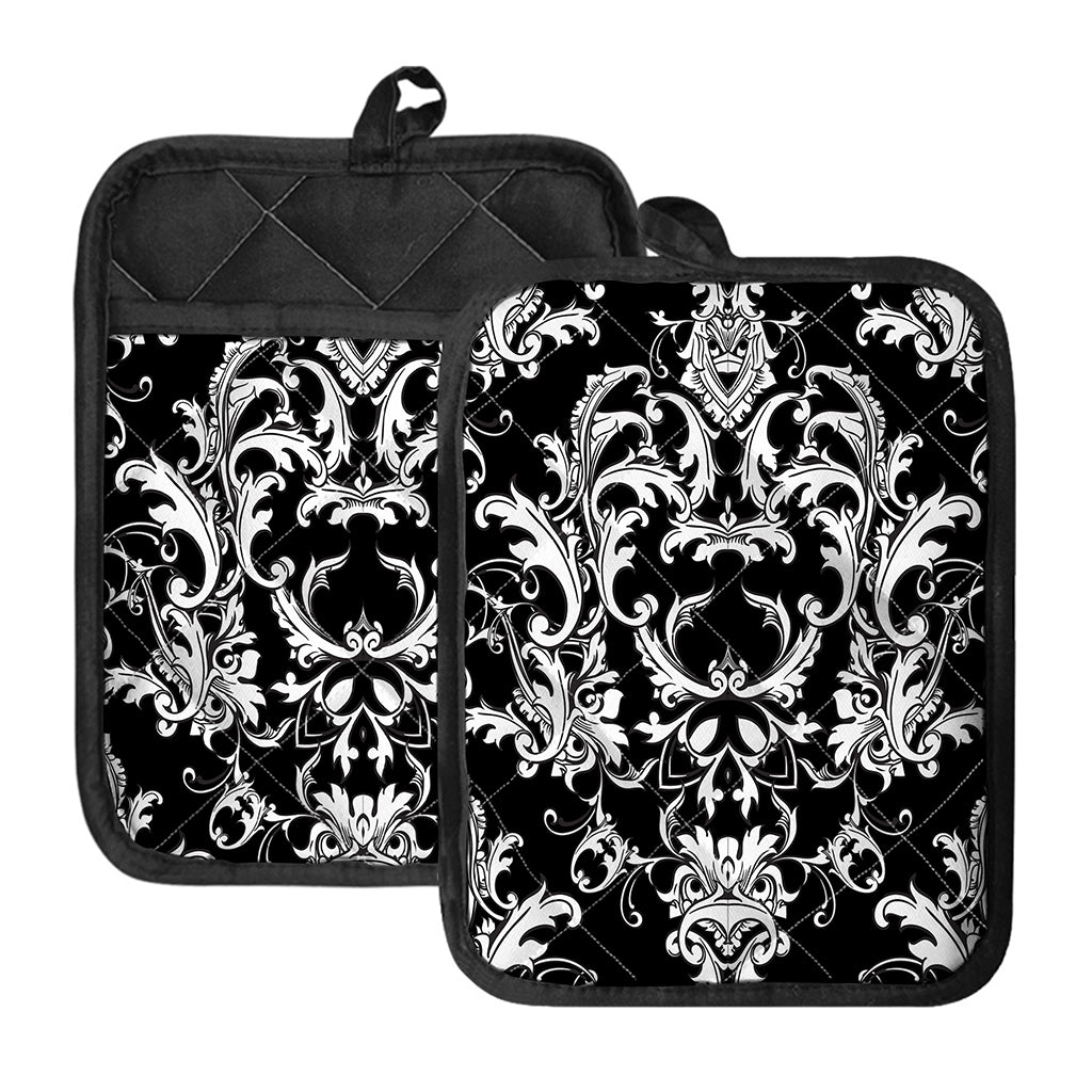 Black And White Damask Pattern Print Pot Holders With Pocket