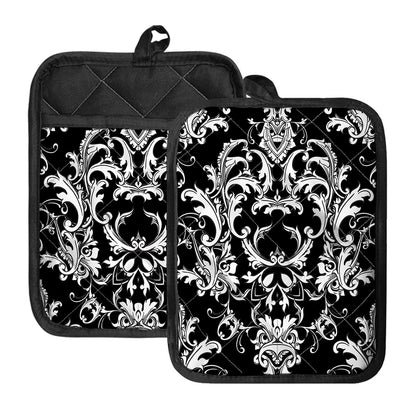 Black And White Damask Pattern Print Pot Holders With Pocket