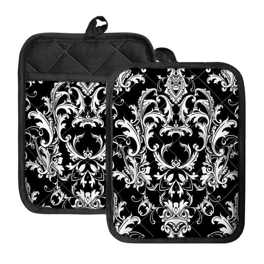 Black And White Damask Pattern Print Pot Holders With Pocket