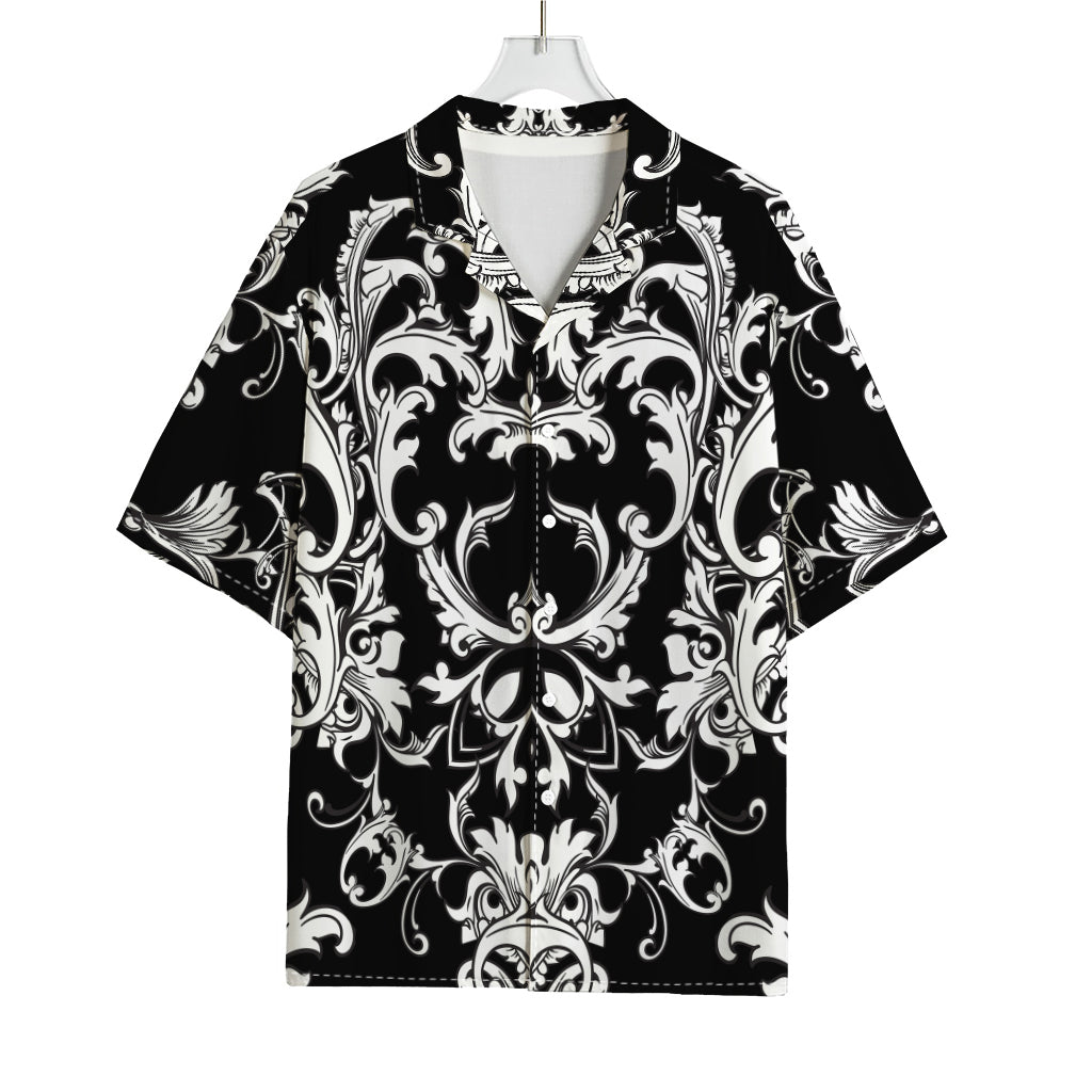 Black And White Damask Pattern Print Rayon Hawaiian Shirt