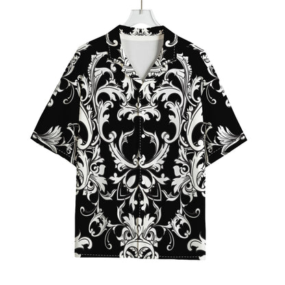 Black And White Damask Pattern Print Rayon Hawaiian Shirt