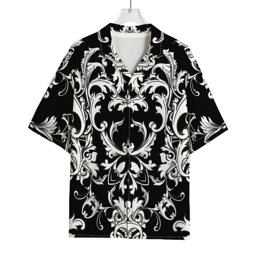 Black And White Damask Pattern Print Rayon Hawaiian Shirt