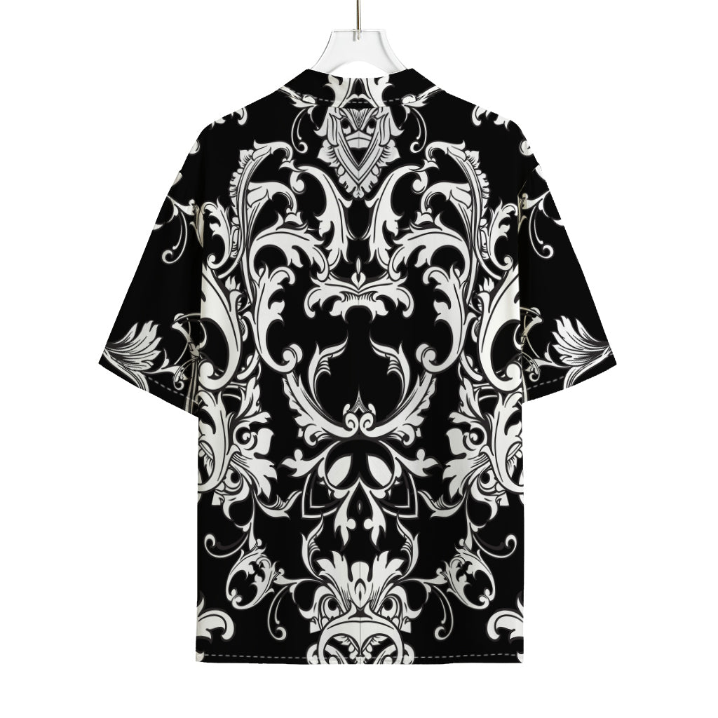 Black And White Damask Pattern Print Rayon Hawaiian Shirt