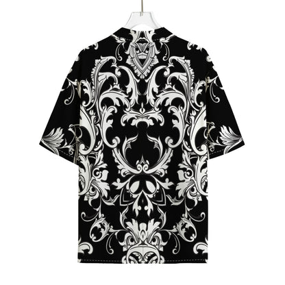 Black And White Damask Pattern Print Rayon Hawaiian Shirt