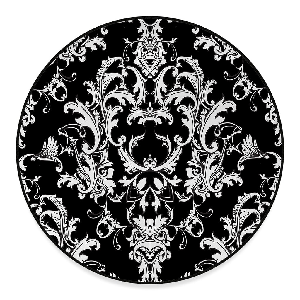 Black And White Damask Pattern Print Round Floor Mat