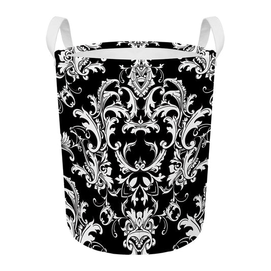 Black And White Damask Pattern Print Round Laundry Basket