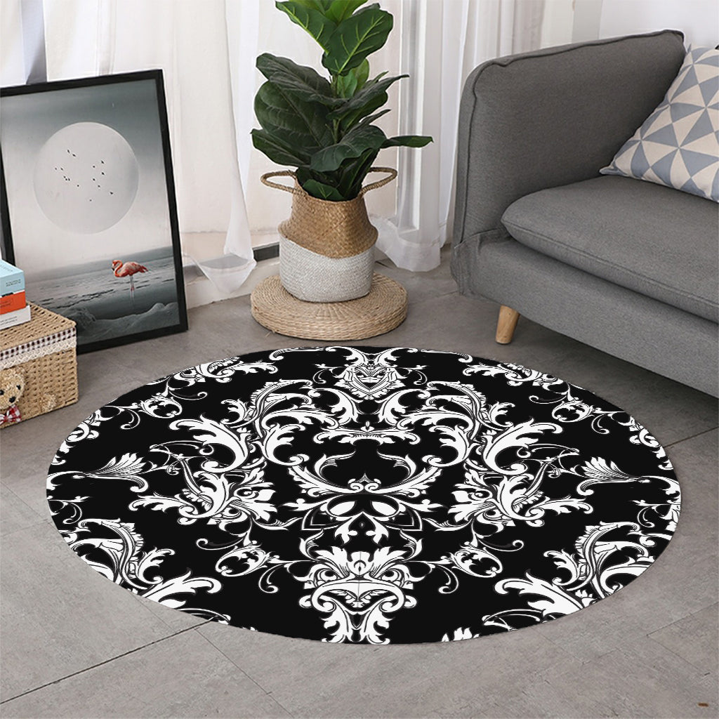 Black And White Damask Pattern Print Round Rug