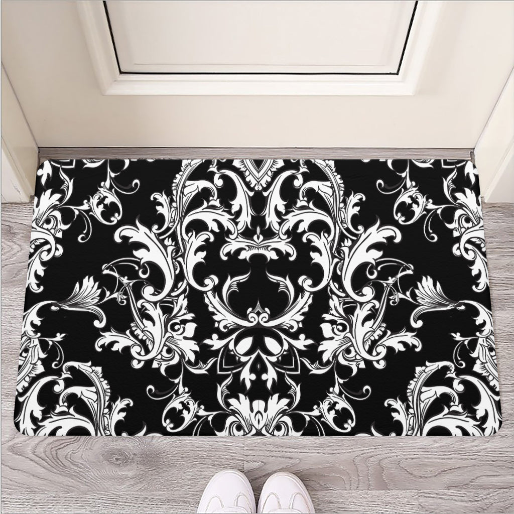 Black And White Damask Pattern Print Rubber Doormat
