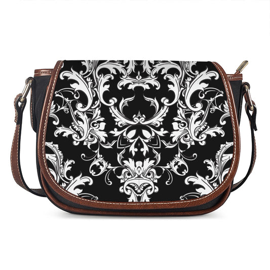 Black And White Damask Pattern Print Saddle Bag