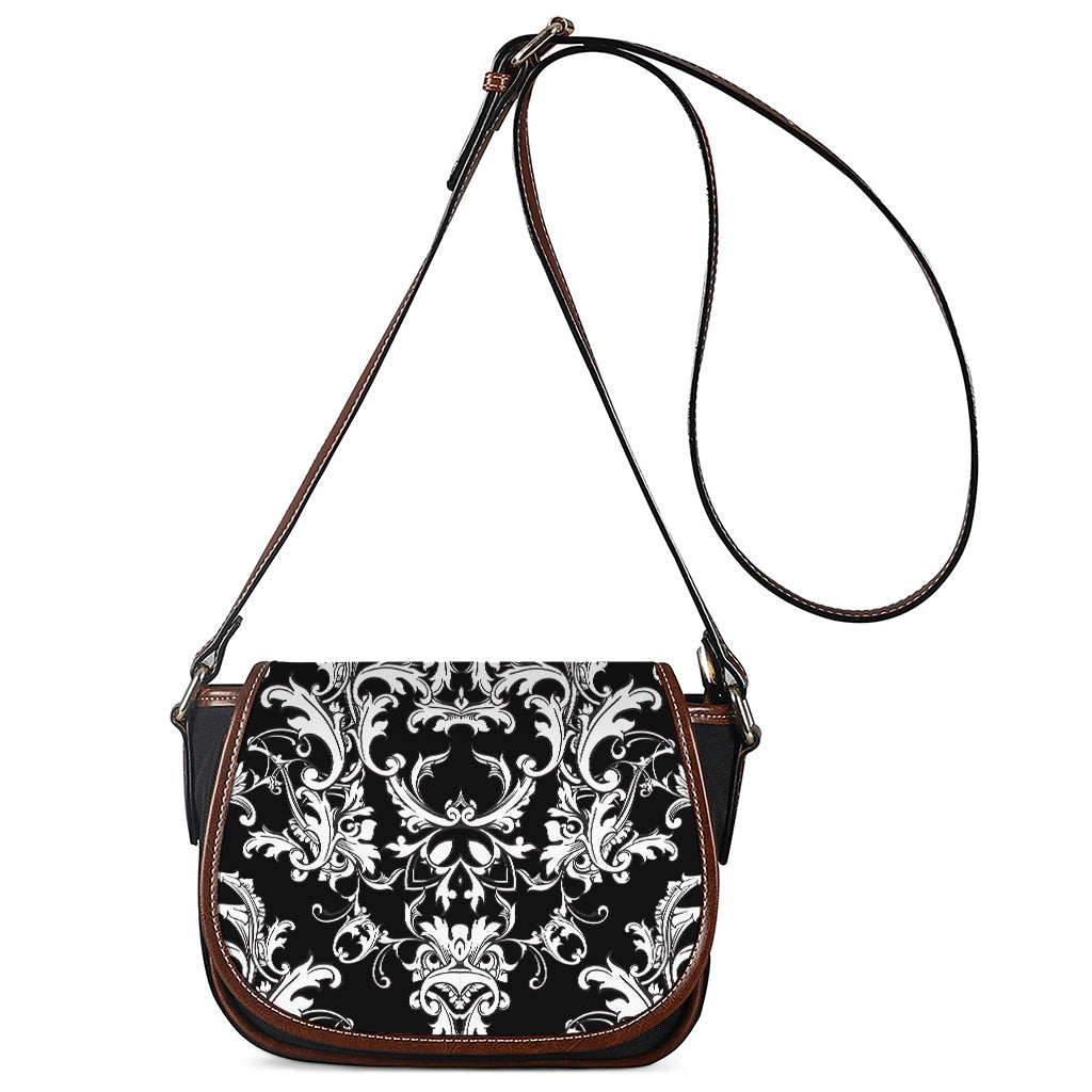 Black And White Damask Pattern Print Saddle Bag