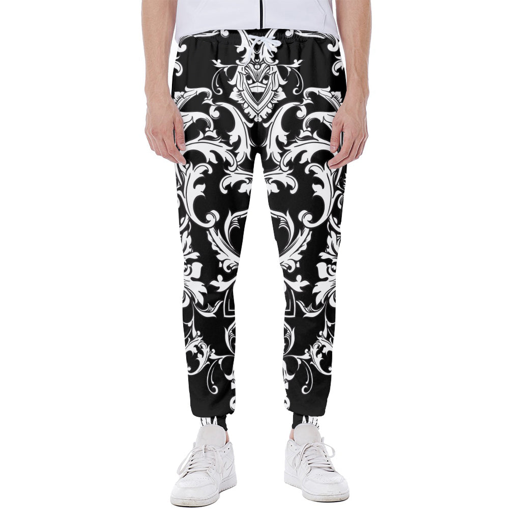 Black And White Damask Pattern Print Scuba Joggers