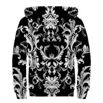 Black And White Damask Pattern Print Sherpa Lined Zip Up Hoodie