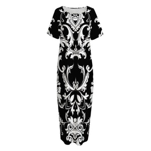 Black And White Damask Pattern Print Short Sleeve Long Nightdress